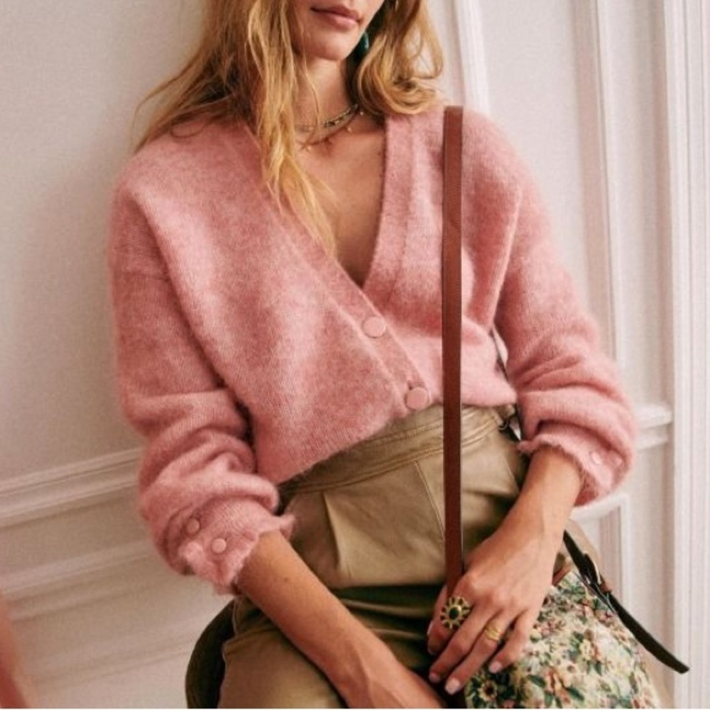 SEZANE Rosewood Pink Oversized Mohair Wool Knit V Neck Mia Cardigan Sweater